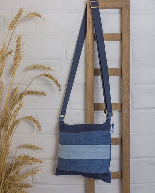 Upcycled Handcrafted Denim Jeans Crossbody Striped Sling Bag - Dwij