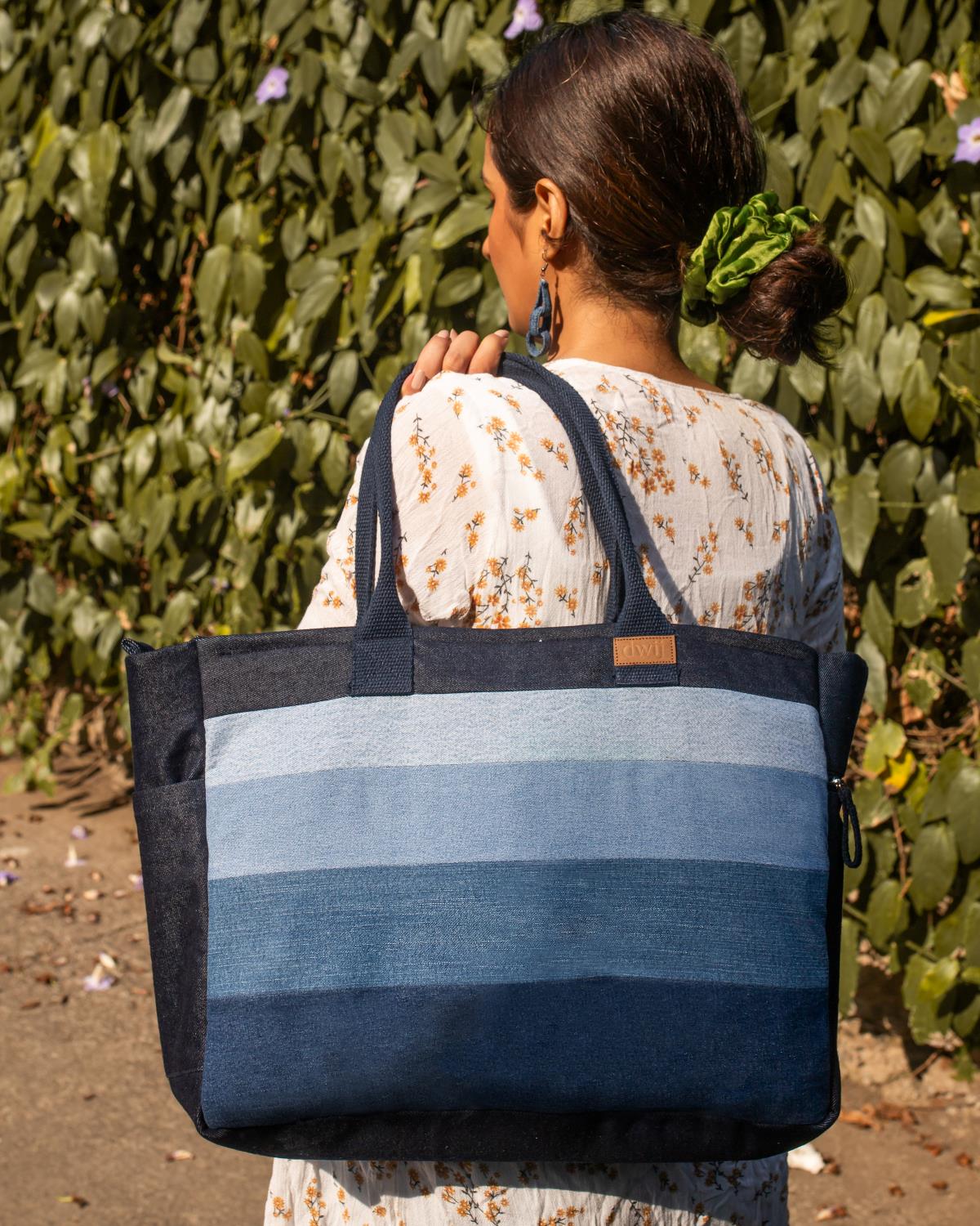 Upcycled Handcrafted Denim Jeans Ocean Laptop Tote - Dwij