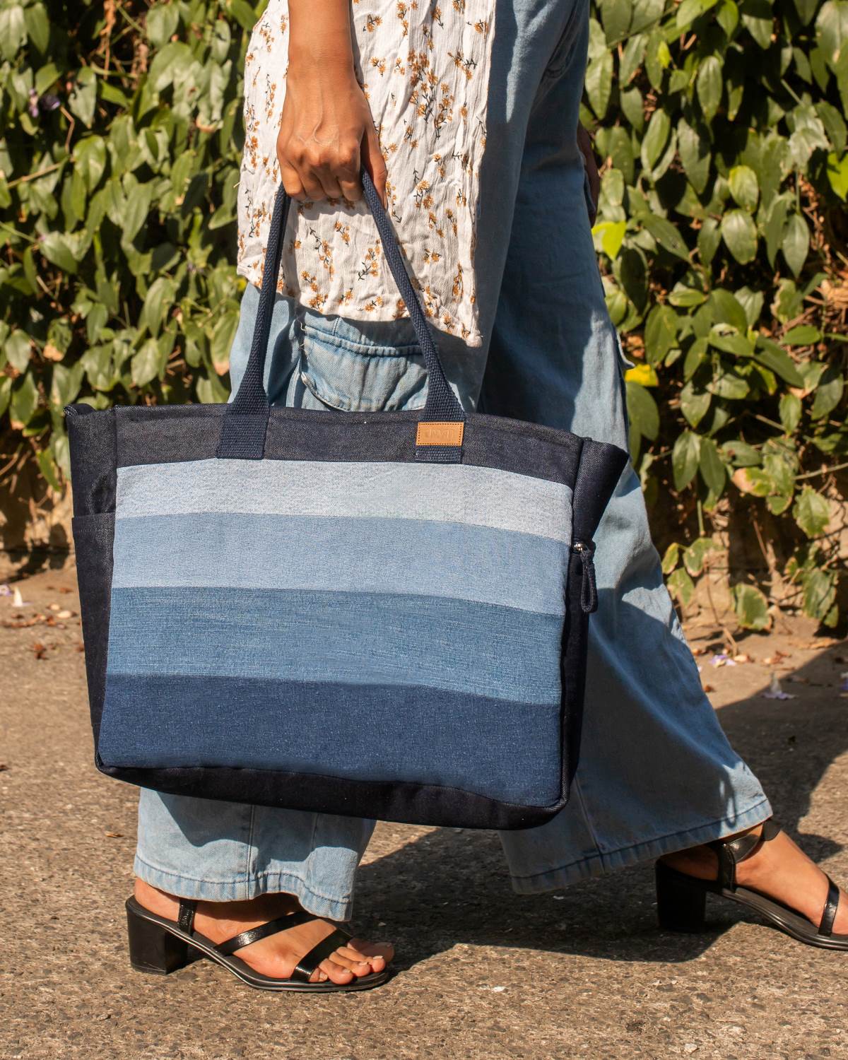 Upcycled Handcrafted Denim Jeans Ocean Laptop Tote - Dwij