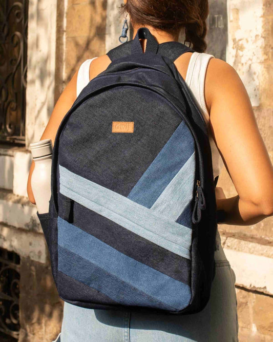 Upcycled Handcrafted Diagonal Striped Denim Travel Backpack - Dwij