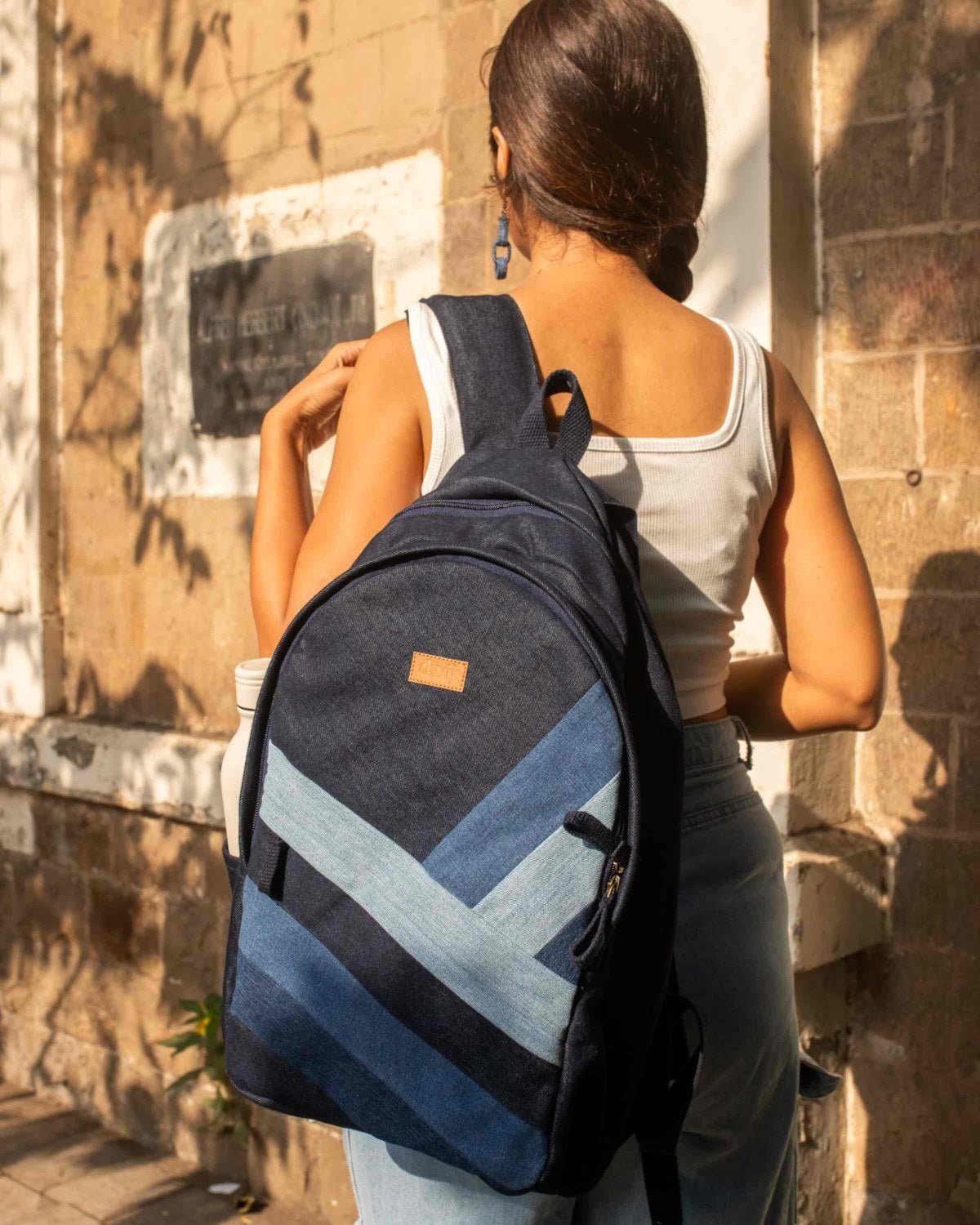 Upcycled Handcrafted Diagonal Striped Denim Travel Backpack - Dwij