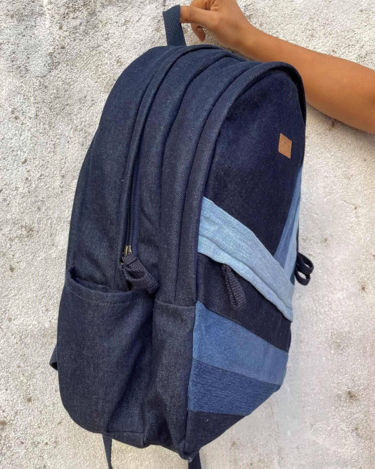 Upcycled Handcrafted Diagonal Striped Denim Travel Backpack - Dwij