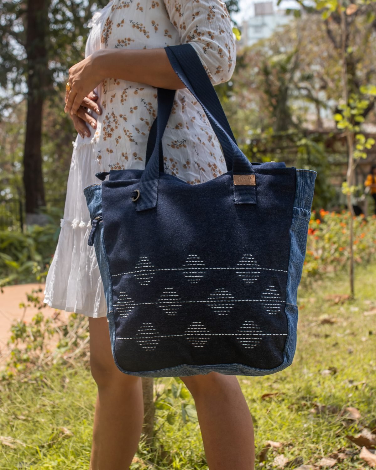 Upcycled Kantha Hand Embroidered Denim Large Tote Bag - Dwij