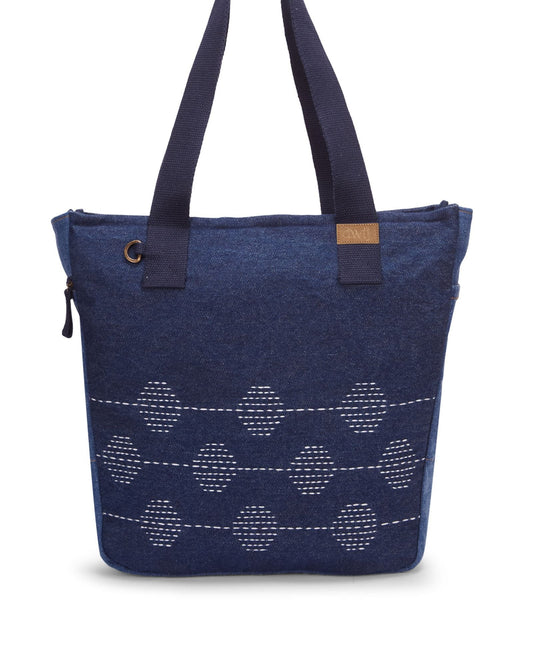 Upcycled Kantha Hand Embroidered Denim Large Tote Bag - Dwij - 