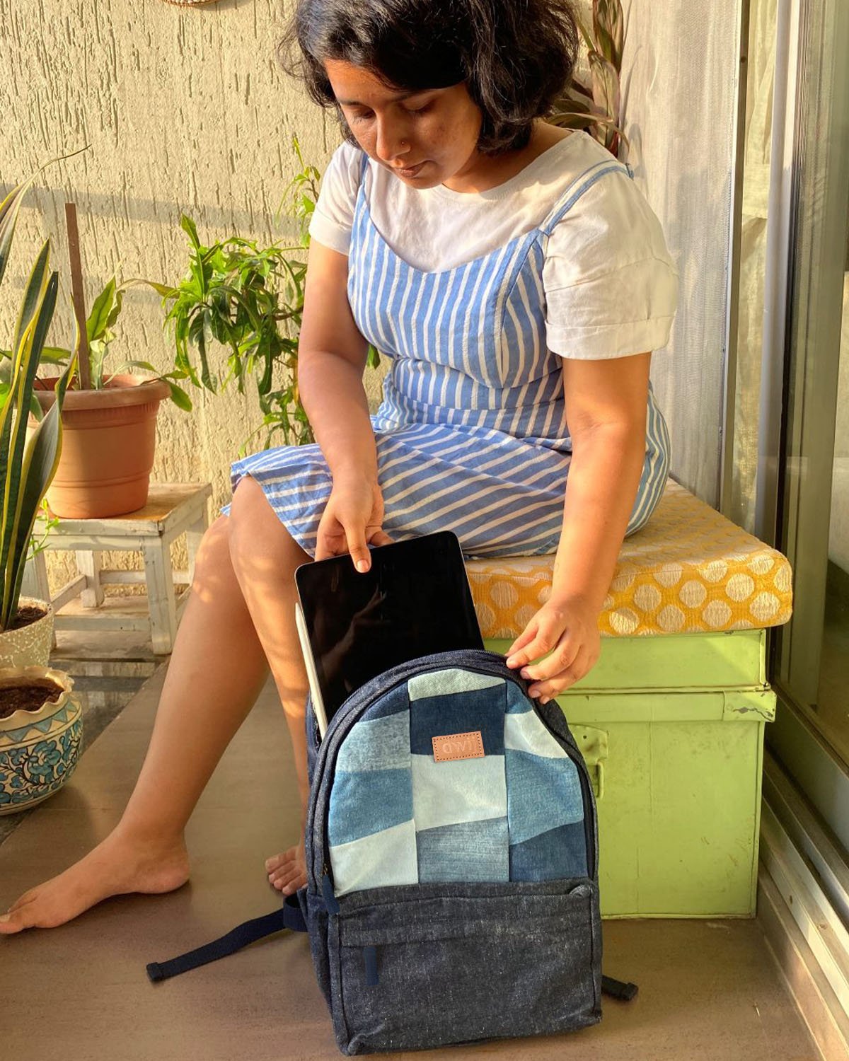 Upcycled Patched Denim & Felt Jeans Travel Backpack - Dwij