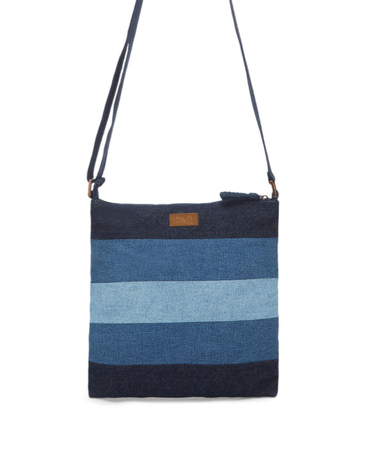Upcycled Unisex Denim Jeans Crossbody Striped Sling Bag - Dwij - 