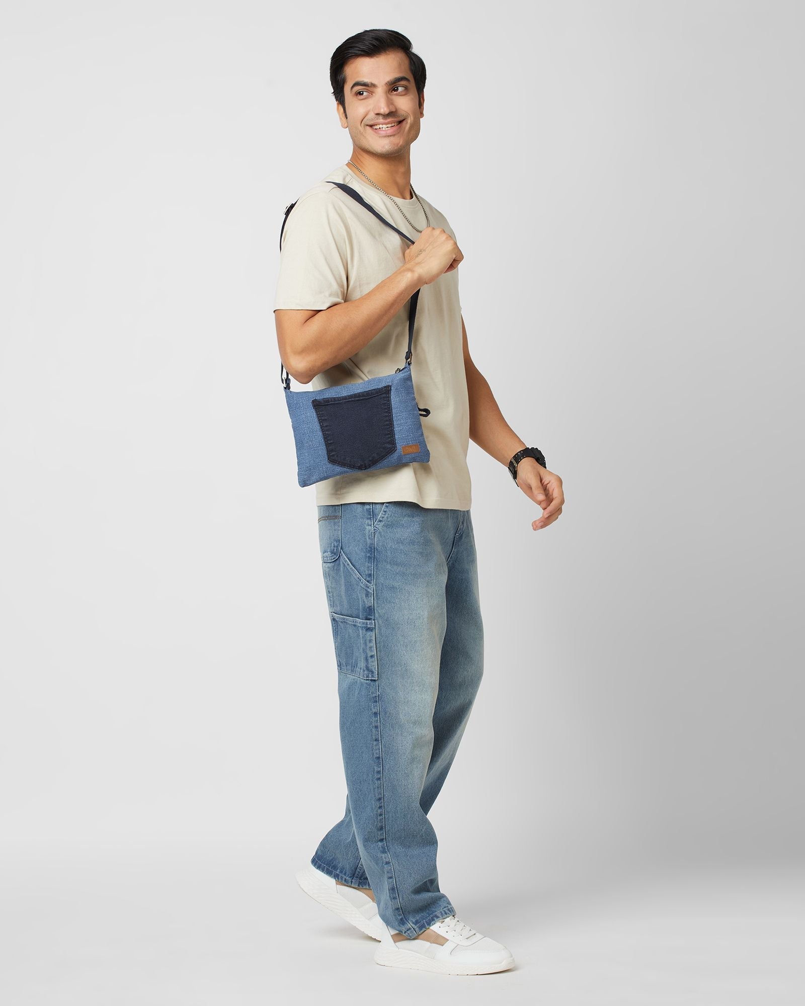 Upcycled Unisex Denim Jeans Pace Sling bag (Medium Dark blue) - Dwij - 