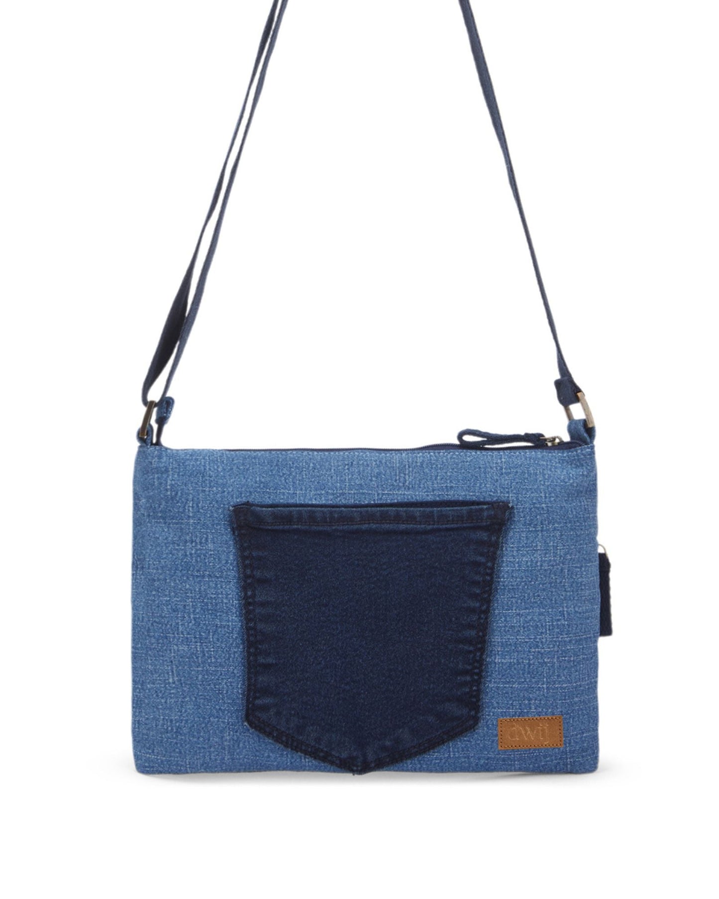 Upcycled Unisex Denim Jeans Pace Sling bag (Medium Dark blue) - Dwij - 