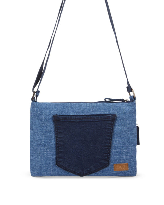 Upcycled Unisex Denim Jeans Pace Sling bag (Medium Dark blue) - Dwij - 