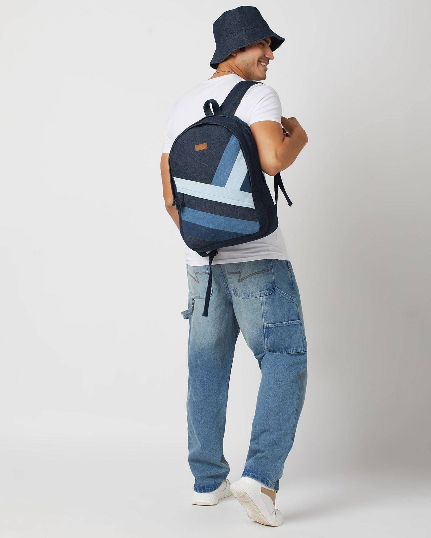 Upcycled Unisex Diagonal Striped Denim Travel Backpack - Dwij - 